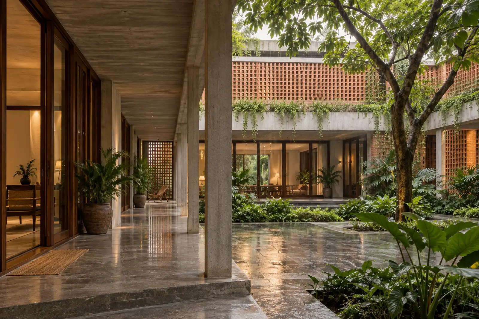 Warm brick and concrete courtyard