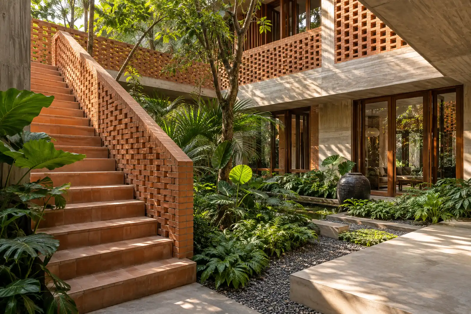 Quiet architectural courtyard with tropical greenery